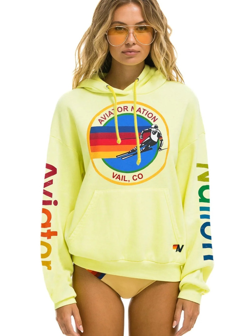 Aviator Nation Neon Yellow Hoodie with Multicolor Ski Graphic
